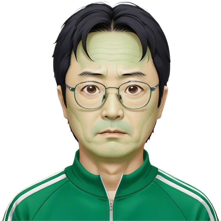 Park Ju-un is a middle-aged man, around 45 years old, green tracksuit, with tired eyes that carry the weight of a lifetime of struggles. His thin-framed glasses sit slightly crooked on his nose, one lens showing a faint crack from an earlier scuffle. His black hair, streaked with strands of gray, is unkempt and damp with sweat.

His face is gaunt, with deep wrinkles lining his forehead and around his mouth, evidence of years of stress and hardship. He wears the standard green Squid Game tracksuit (#369), but his jacket is slightly loose on his thin frame, and the collar is stained with sweat. His hands, slightly calloused from years of office work, tremble as he grips the small needle.

His posture is hunched, his movements cautious—a man who has always played life safely but now faces a game with no second chances. emoji