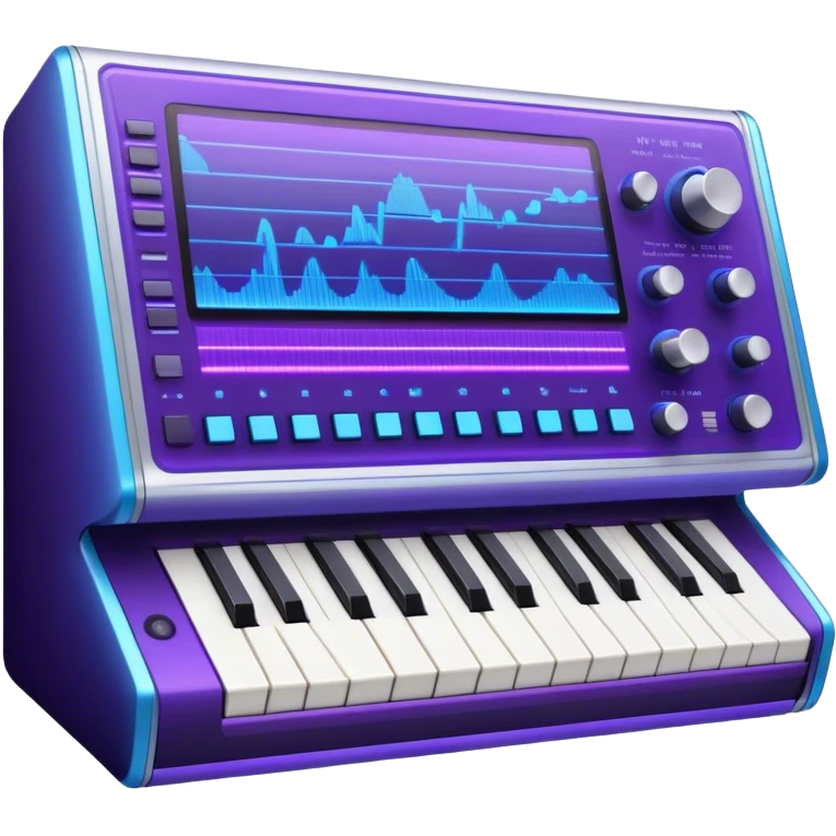 Create a sleek and modern emoji that represents sound design. The design should feature sound waves, a sound mixing console, and a studio synthesizer to symbolize the process of creating and shaping sound. Include elements like a synthesizer or audio effects buttons to highlight the creative tools used in sound design. Use futuristic colors like neon blue, purple, and silver to convey the cutting-edge, experimental nature of sound creation. The background should be transparent. emoji