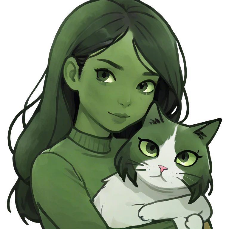 Black long hair makeup girl hug grey white cat  emoji