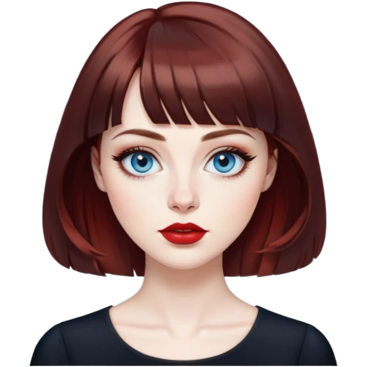 Artistic woman with pale skin, oval face, large blue eyes with eyeliner, thin eyebrows, small nose, red lipstick, dark auburn hair with bangs and slight waves, wearing a stylish black top, creative expression emoji