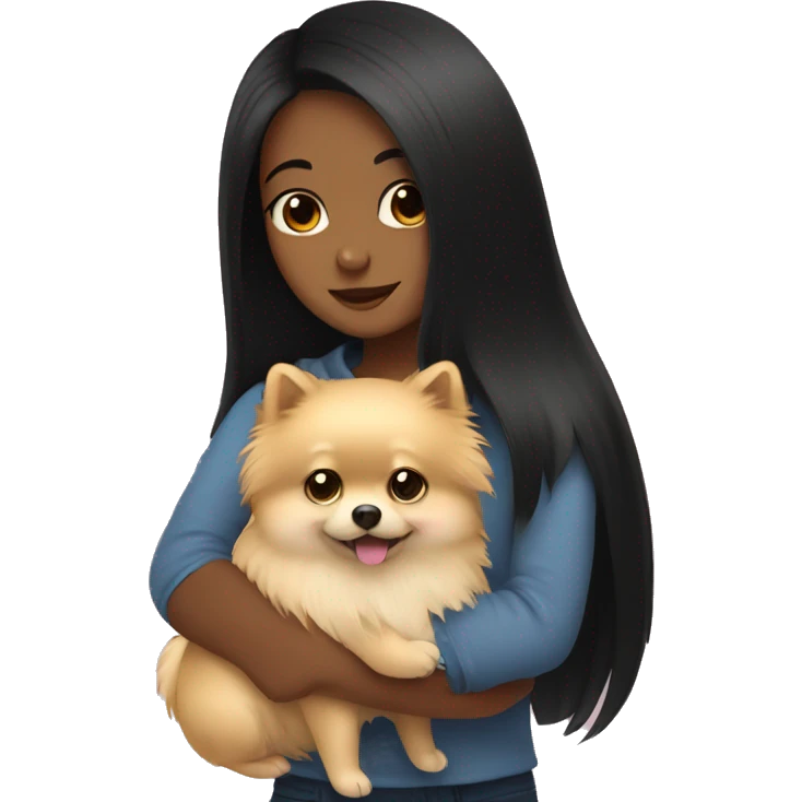 Girl hugging pomeranian. The girl has black hair. emoji