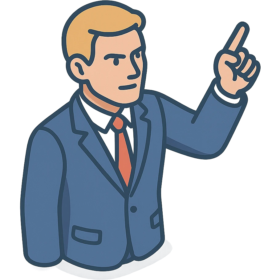 Confident male leader, Caucasian, short neat blonde hair, sharp eyes, indigo jacket, one arm raised gicing direction, waist-up, front-facing emoji