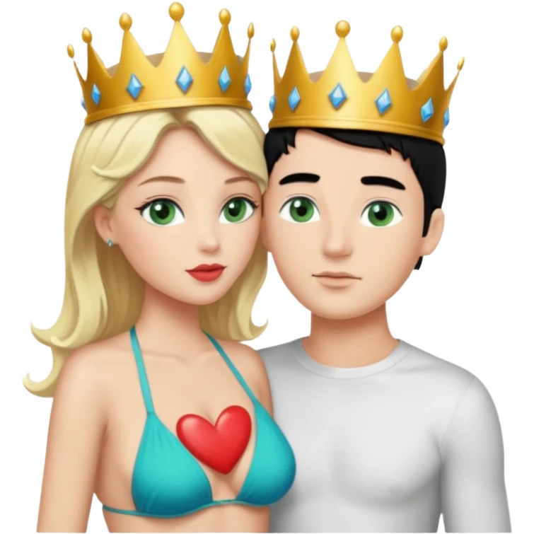 Blonde Queen with crownGreen eyes in Bikini kissing Male subject without crown black hair blue eyes Background sky emoji
