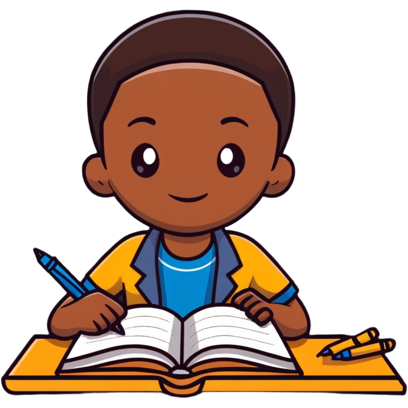 African boy student with brown skin writing with book and pen emoji
