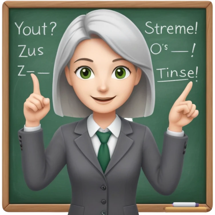 smiling English teacher with airtouch hair and grey-green eyes pointing at a chalkboard with present simple tense table emoji