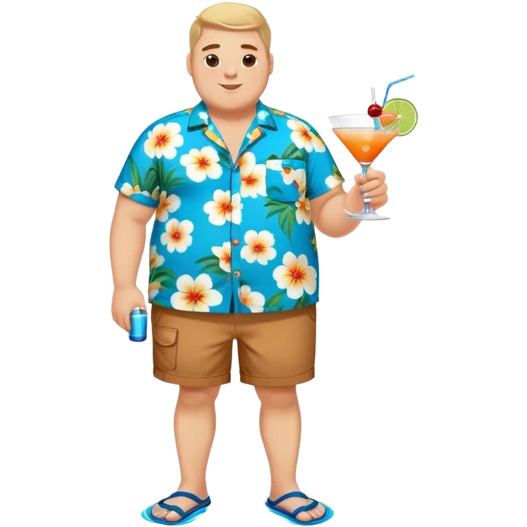 chubby guy full figure in a flowered azure havai shirt, brown shorts and flippers holding a cocktail emoji
