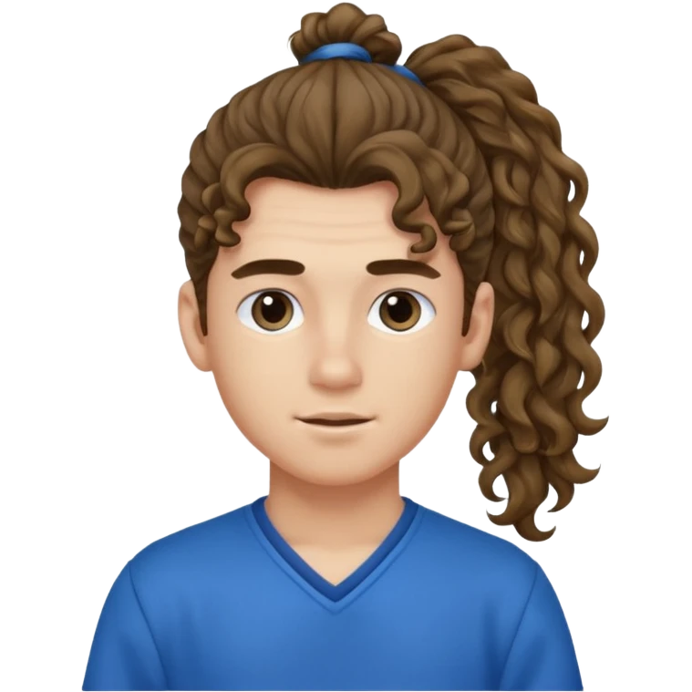 یه پسر با موهای  بلند و فرفری با لباس ابی موهاش رو دُم اسبی  بسته باشه emoji