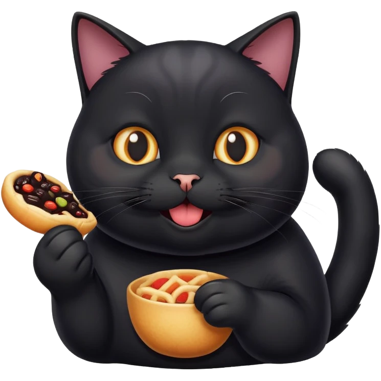 generate a funny black cat who loves to eat and have fun emoji