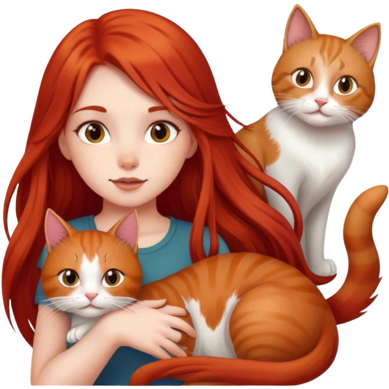Girl with long red hair, with 4 cats emoji