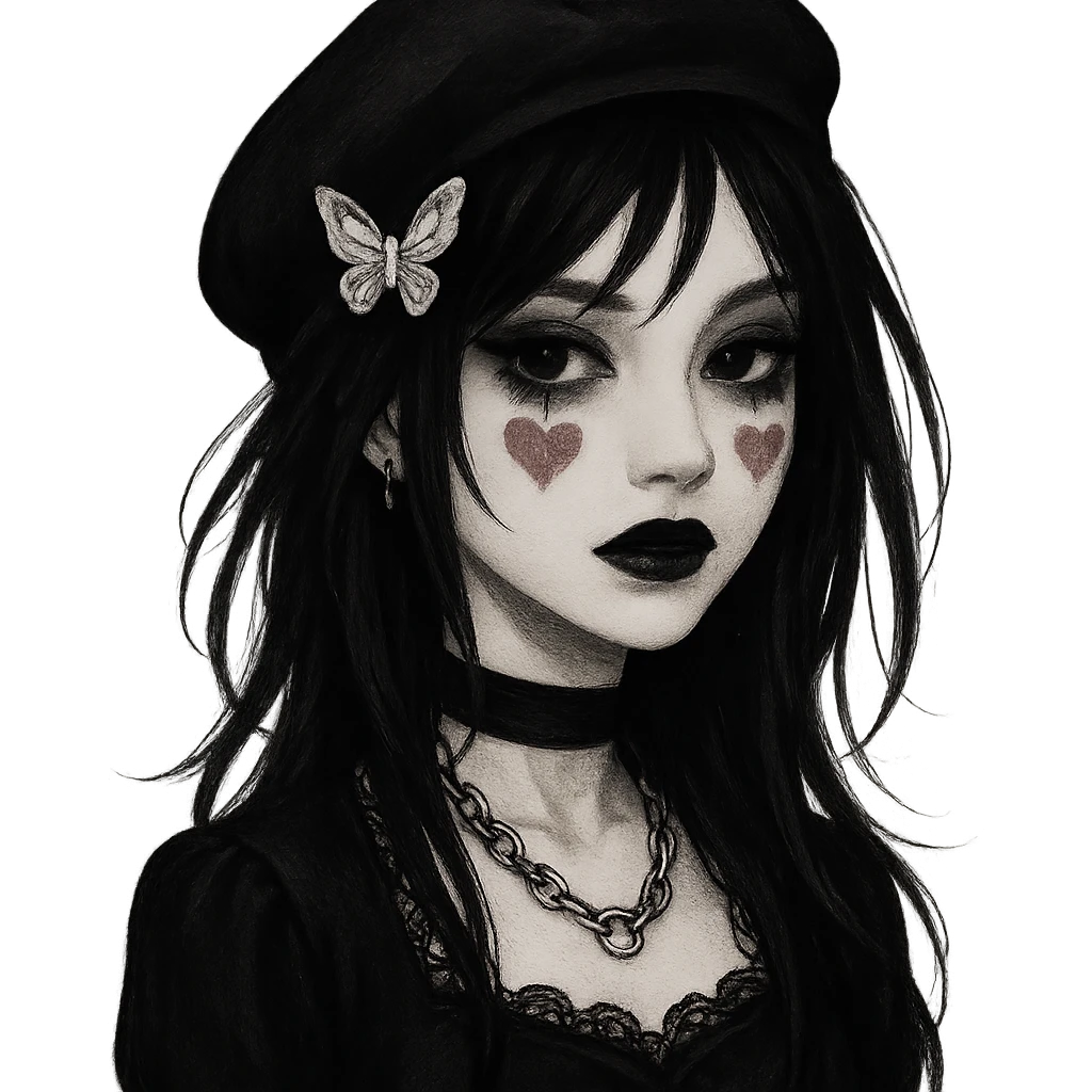 emo girl with beret, heart-shaped blush, butterfly hair clip, mysterious and elegant emoji