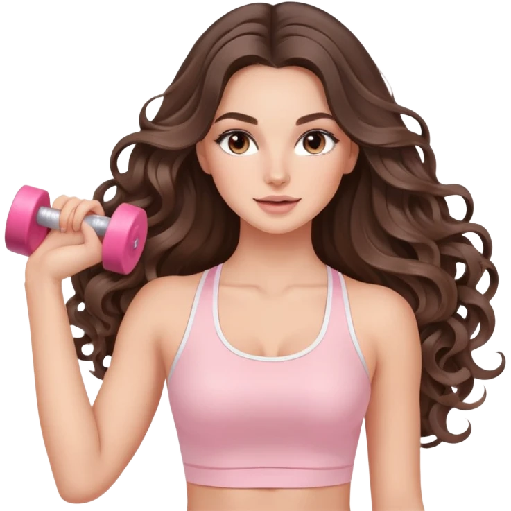 beautiful brunette with a light balayage white girl with nice defined and long curls , very long hair, clean girl makeup STRETCHING HER BODY IN LIGHT PINK GYM emoji