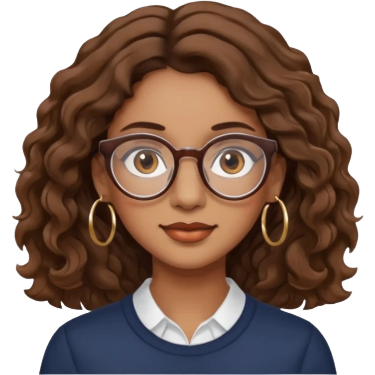Women brown eye and brown mi-long wave hair with glasses and circle earing emoji