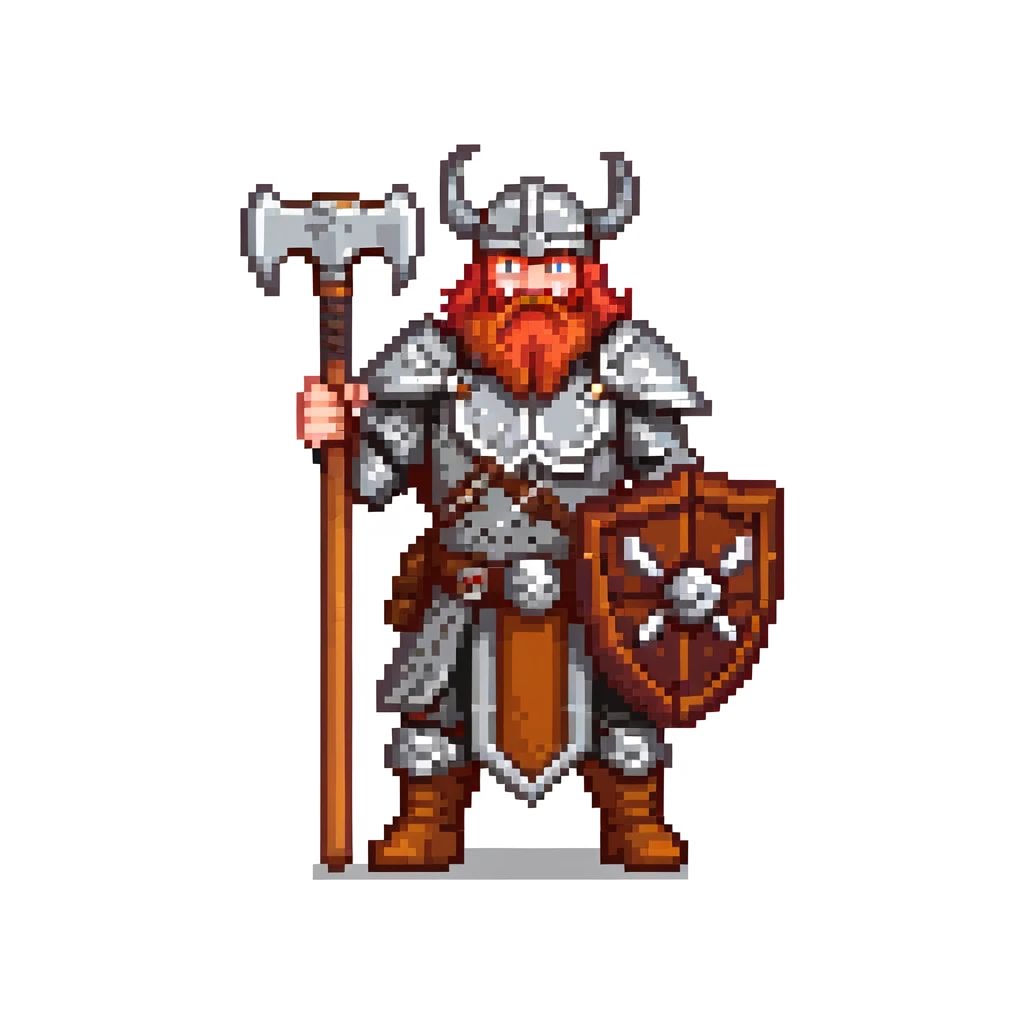ginger viking warrior with red beard, horned helmet and metal armor, battle axe emoji