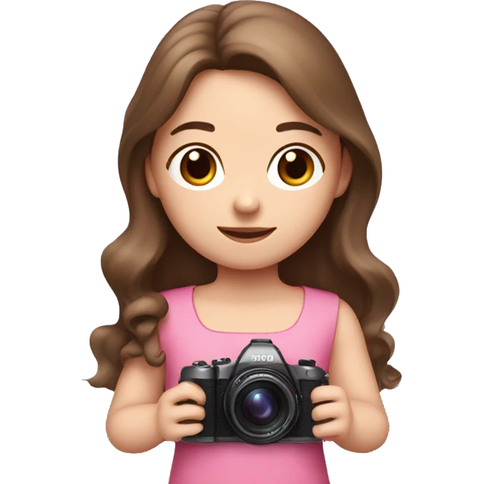 cute white girl with long brown hair, in pink dress and camera in her hands emoji