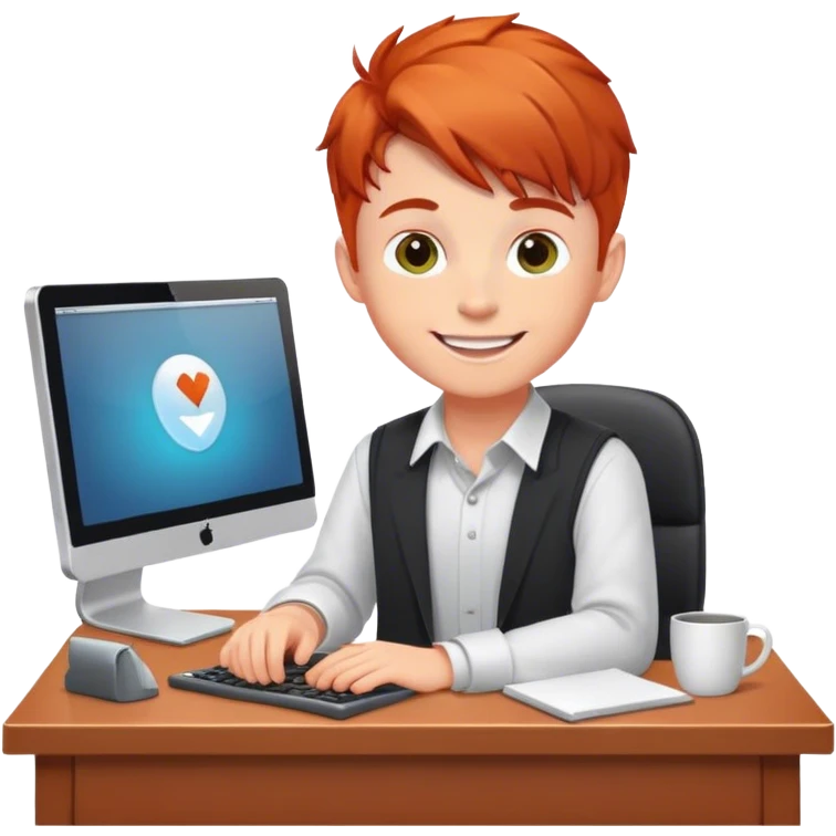 Redhead programmer boy sitting at a desk and smiling emoji