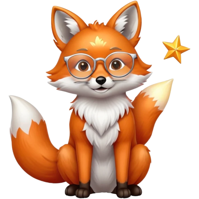 A kind fox with shimmering fur, a glowing tail, a silver star on its forehead, and round glasses, sitting with its front paws together in a thankful gesture emoji