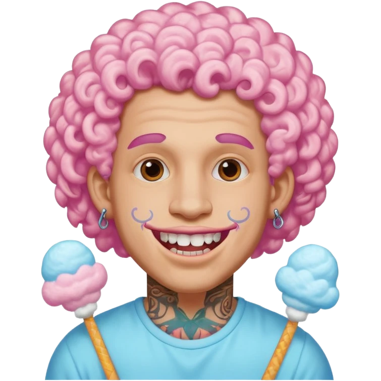 very cheerful colorful puffy curly haired man made out of cotton candy wearing teeth-braces and tattoos and face tattoos just face  emoji
