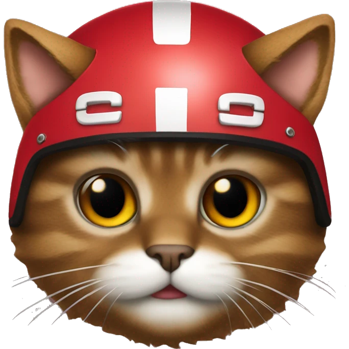 brown fluffy cat wearing a kansas city chiefs helmet emoji