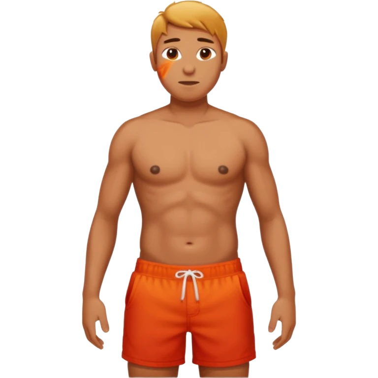 Emoji-style person in beach shorts with sunburned shoulders and chest - the chest and stomach should be white, the rest of the skin should be very red - very sunburned.  emoji