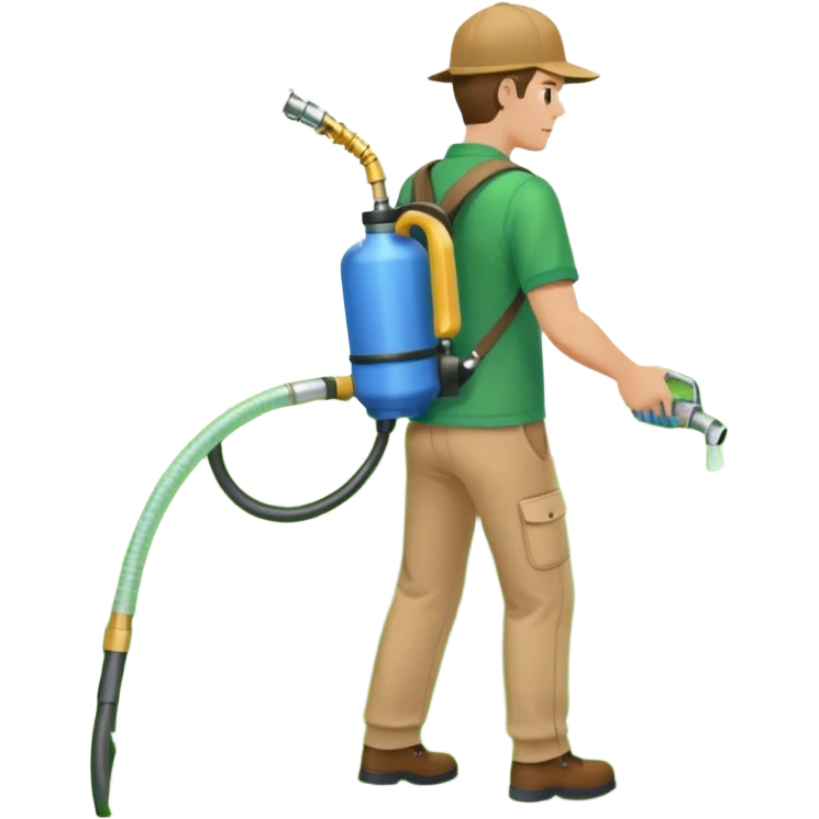 man with a emerald green shirt and tan pants on with backpack chemical sprayer on his back with the hose in his hand pointed downwards at bright green grass emoji