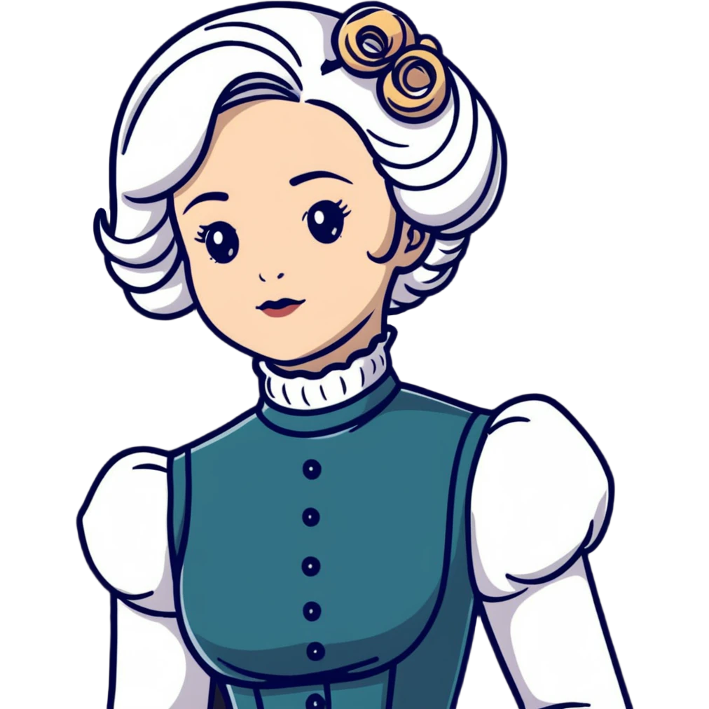 Victorian woman with white coiffed hair, modest turtleneck Victorian dress, and an awestruck expression emoji