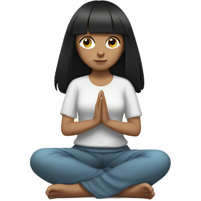 White teen girl with black hair and bangs meditating emoji