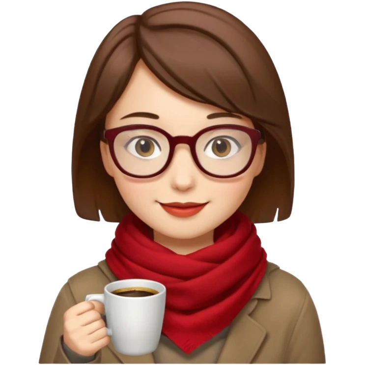 a girl with brown short hair, having red scarf, wearing glasses, drink coffee, enjoy emoji
