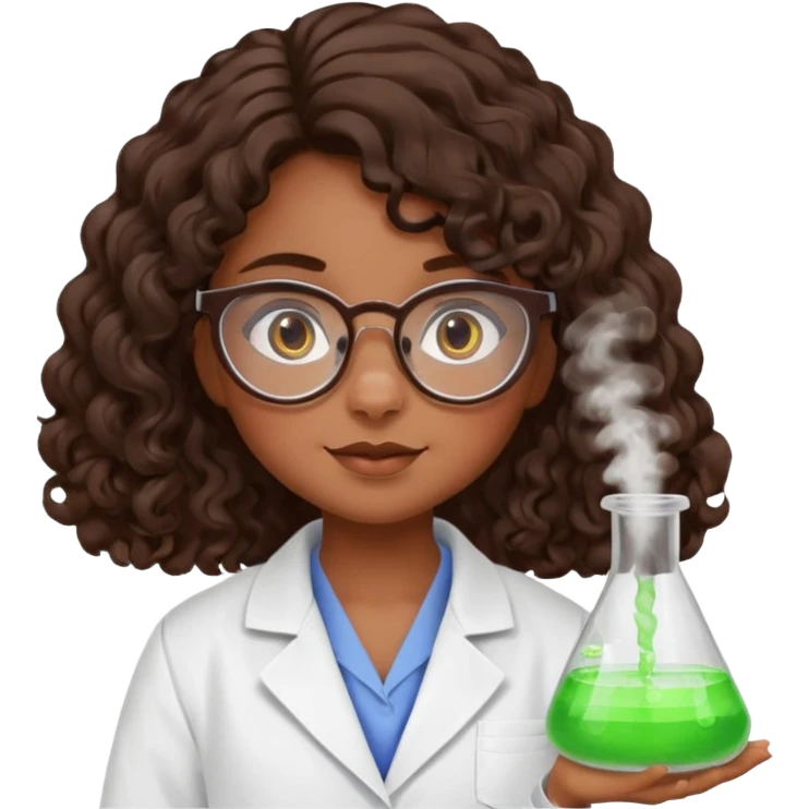 bratz doll with long loose curly dark brown hair, glasses that are round cat eye vibes, in a lab coat mixing beakers that glow shes a 4th grade girl emoji