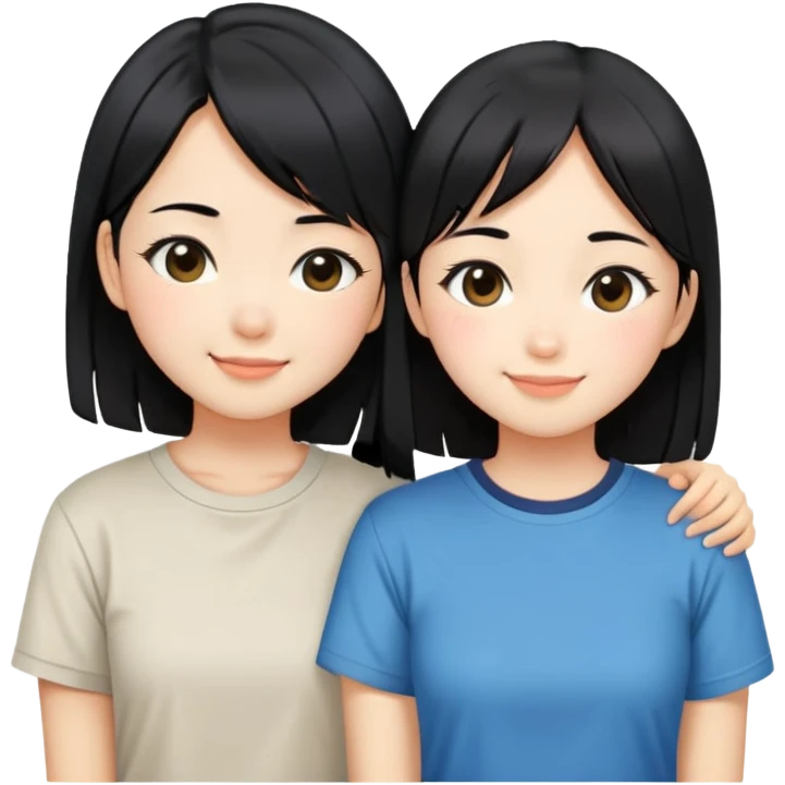 Two cute Japanese girls with straight black hair wearing modern Western clothes like t-shirts, faces pressed together cheek to cheek, smiling happily emoji
