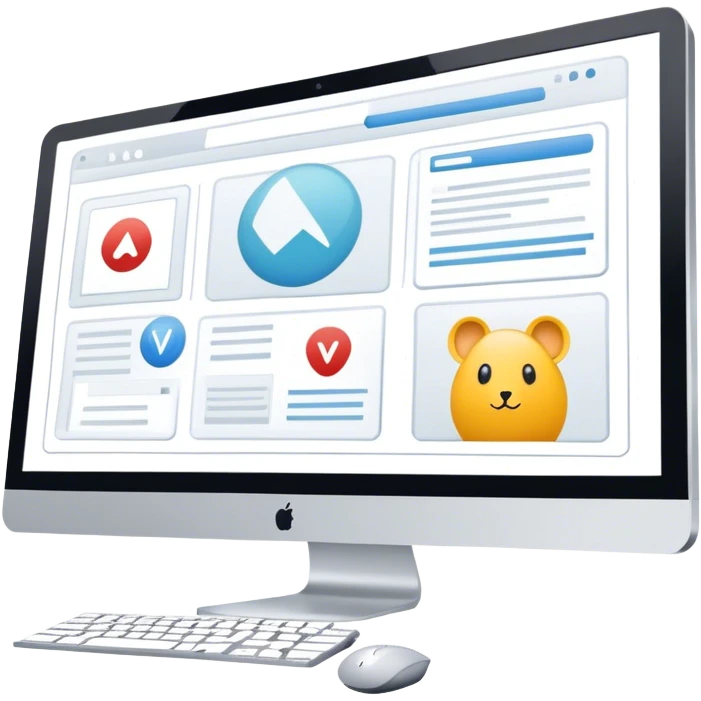 Modern icon for Web Design: computer screen with a website layout, design tools like a mouse and a stilus, web elements such as icons and wireframes. Transparent background. emoji