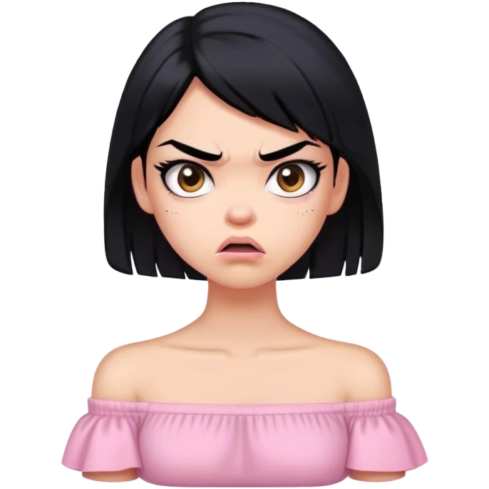 Chica de pelo negro y piel clara y linda con una camisa rosa pastel cruzada de hombros enojada emoji