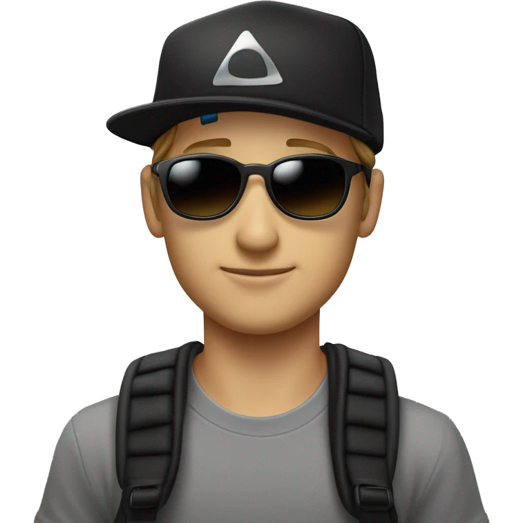 Weißer junge mit schwarzer Cap, weisses tshirt, eine schwarze Sonnenbrille und eine haarschneidemaschine in der Hand hält und lächelt  emoji