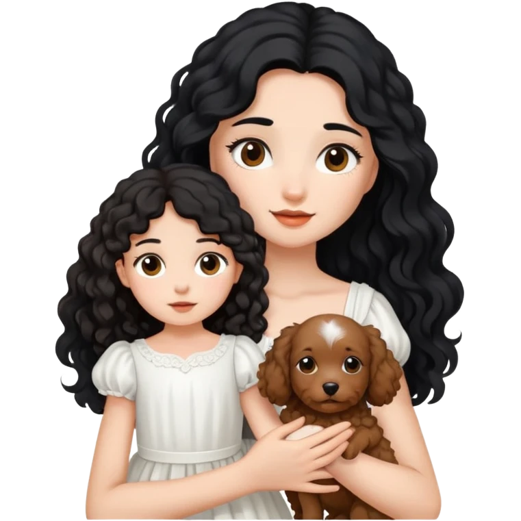 A beautiful girl with long black hair in a white dress holds a small brown curly-haired dog emoji