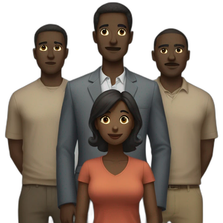 six dark-skinned men stand behind a pale woman emoji