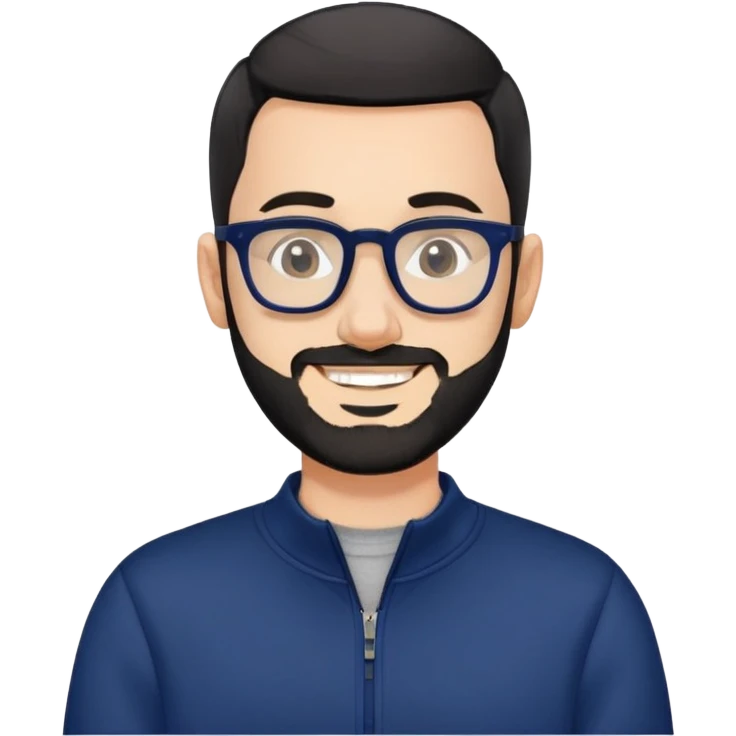 Fair-skinned man with extremely short black hair (very close buzz cut), short salt and pepper beard, large black-framed glasses, smiling, wearing navy blue long sleeve zip sweatshirt emoji