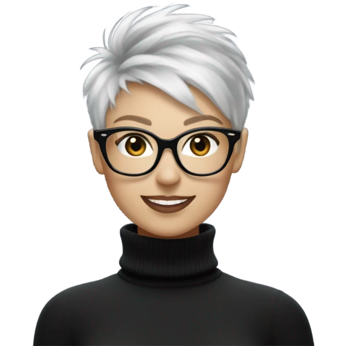 Smiling White woman with short very messed punk silver pixie white hair xmas  big black glasses rayban and black high polo neck sweater emoji