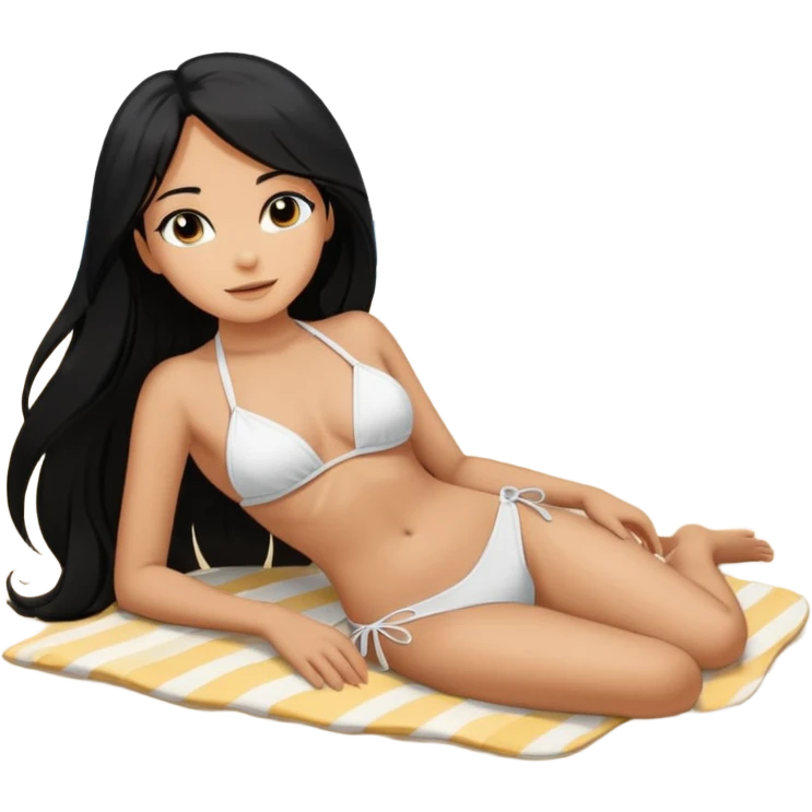 Tan girl with long black hair in a white bikini tanning on a beach laying down, looking at the ocean in the background emoji