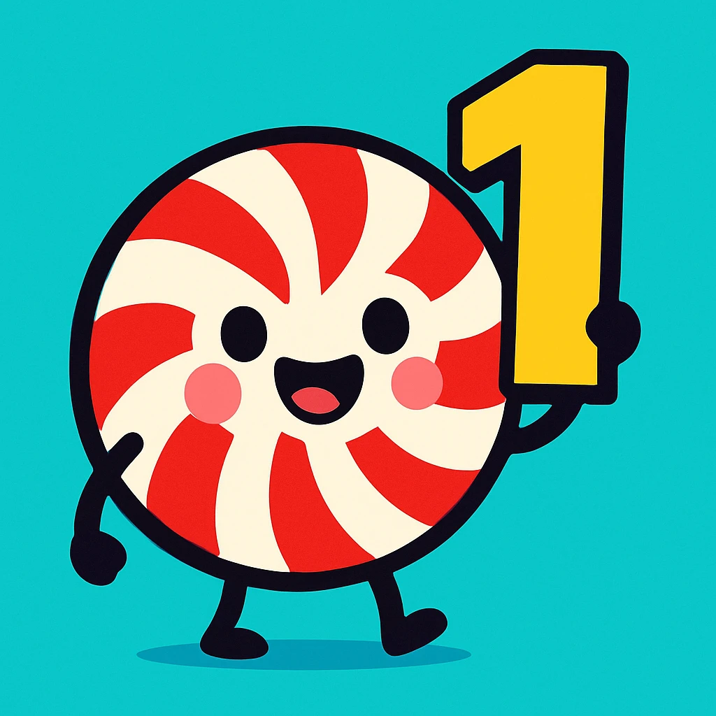 adorable peppermint with a smiling face holding a number one, vibrant toon style emoji
