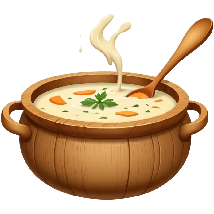 Pot of creamy soup in a wooden bowl￼ emoji