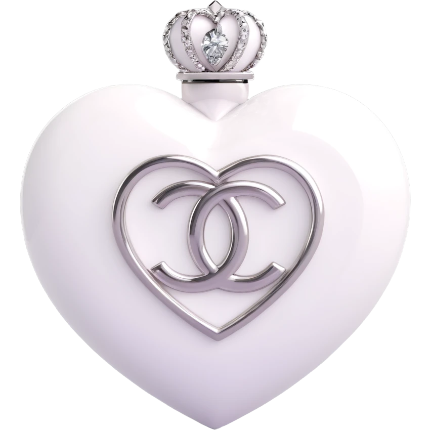 Change the glossy black heart to glossy white, keep the diamond accent and silver Chanel logo, elegant, white and silver color scheme, 3D emoji style, keep the background transparent. emoji