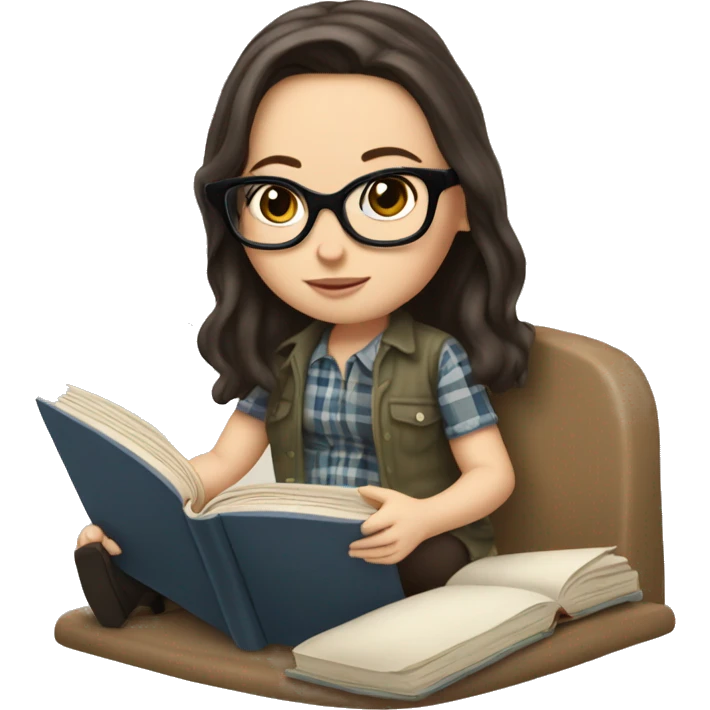 a white girl with glasses and dark hair is sitting in a cot with a plaid and reading a book emoji