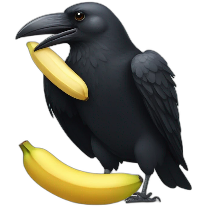 crow eating a banana like a cartoon emoji