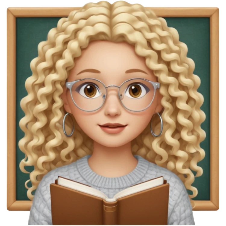 cute white woman with VERY LONG blonde curly hair, brown eyes, full lips, natural clean girl makeup and hoop earrings and square glasses, studying emoji