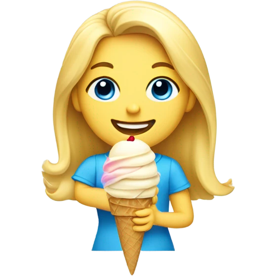 Girl with mid length blonde hair, blue eyes, yellow shirt, holding vanilla ice cream cone emoji