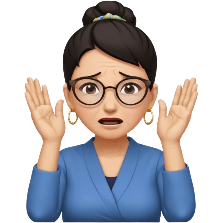  middle aged woman with dark hair pulled up in a high bun, wearing round ring earrings and glasses, expression extreme pain on her face, covering her ears with her hands very painful expression on her face, eyes squeezed shut, wincing in pain covering her ears with her hands emoji