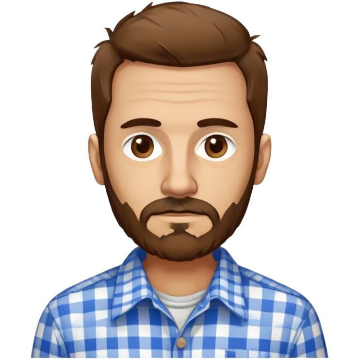 Skinny Puerto Rican man in his mid-50s with light skin. Thin face with defined features. Messy, disheveled brown hair. Untidy brown beard. Wearing a blue and white checkered button-up shirt that looks loose on his slim frame. emoji