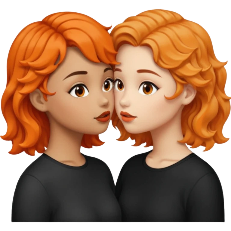 girls kissing one with tan skin and orange wavy short hair and one with light skin and long black wavy hair  emoji