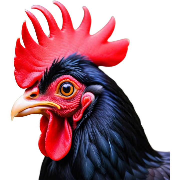 Cinematic Comical Black Rooster Portrait Emoji, Head tilted dramatically with an exaggeratedly shocked or amused expression, featuring a striking pure black plumage with a bold red comb, wide, expressive eyes filled with playful disbelief, Simplified yet hilariously expressive features, highly detailed, glowing with a slightly sassy glow, high shine, dramatic yet playful, stylized with an air of cheeky mischief, bright and endearing, soft glowing outline, capturing the essence of a spirited and over-the-top rooster, so meme-worthy it feels like it could crow its way into internet fame instantly! emoji