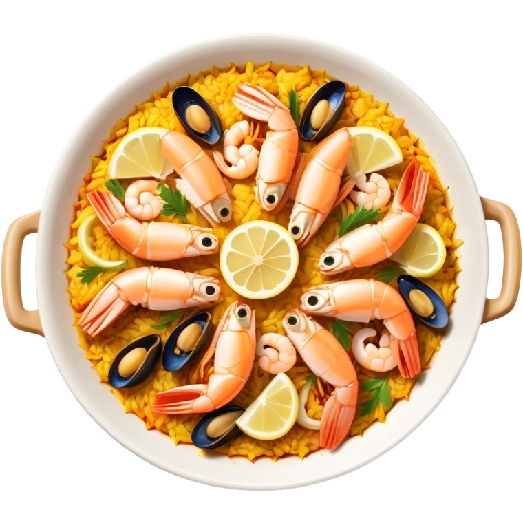 cinematic-realistic-paella-dish-emoji,-depicted-as-a-vibrant,-aromatic-rice-dish-loaded-with-seafood,-chicken,-and-saffron-rendered-with-rich-textures-and-dynamic,-warm-lighting with a lemon slice in the middle emoji