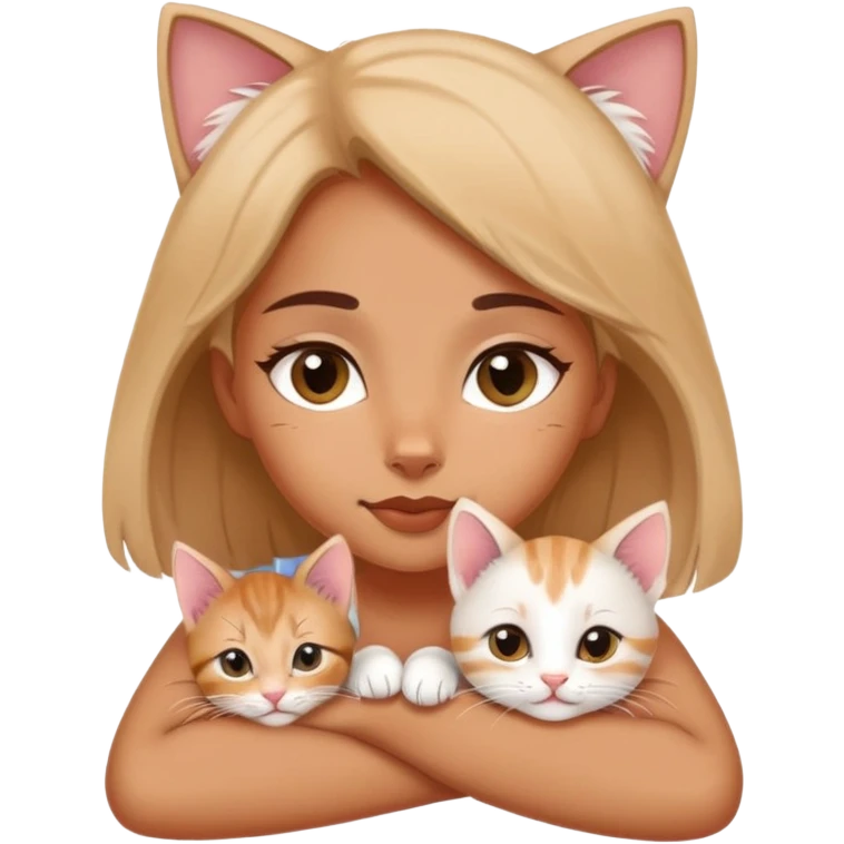 l. A tiny kitten lies on a girl's head, purring softly, making a sweet sight. emoji
